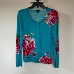 Talbots Teal Floral Cardigan Sweater Small Cotton Blend Button Front Lightweight